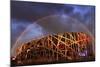 China, Beijing, Olympic park and famous bird's nest stadium made of steel illuminated by a colorful-Maurizio Rellini-Mounted Photographic Print