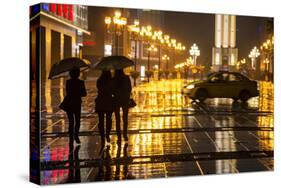 China, Chongqing, Pedestrians Walking with Umbrellas Along the Street-Paul Souders-Stretched Canvas