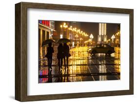 China, Chongqing, Pedestrians Walking with Umbrellas Along the Street-Paul Souders-Framed Photographic Print