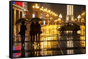 China, Chongqing, Pedestrians Walking with Umbrellas Along the Street-Paul Souders-Framed Stretched Canvas