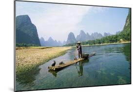 China Fisherman with Cormorant Birds on Li River-null-Mounted Photographic Print