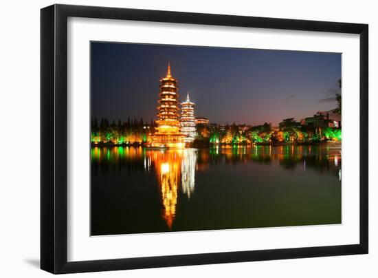 China, Guilin at Night, Double Pagoda 'Riyue Shuang Ta'-Catharina Lux-Framed Photographic Print