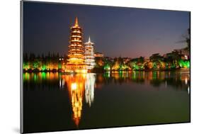 China, Guilin at Night, Double Pagoda 'Riyue Shuang Ta'-Catharina Lux-Mounted Photographic Print