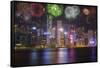 China, Hong Kong. Fireworks over city at night.-Jaynes Gallery-Framed Stretched Canvas