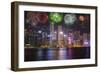 China, Hong Kong. Fireworks over city at night.-Jaynes Gallery-Framed Photographic Print