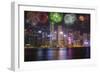 China, Hong Kong. Fireworks over city at night.-Jaynes Gallery-Framed Photographic Print