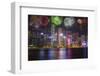 China, Hong Kong. Fireworks over city at night.-Jaynes Gallery-Framed Photographic Print