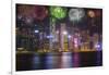 China, Hong Kong. Fireworks over city at night.-Jaynes Gallery-Framed Photographic Print