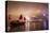 China, Hong Kong, Nightly Light Show of the City of Hong Kong Draped in Fog and Moving Sailboat-Terry Eggers-Stretched Canvas