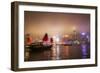 China, Hong Kong, Nightly Light Show of the City of Hong Kong Draped in Fog and Moving Sailboat-Terry Eggers-Framed Photographic Print