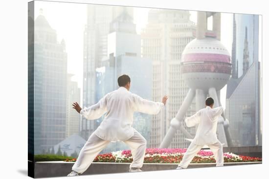 China, Shanghai. Chinese Men Practising Tai Chi on the Bund (Mr)-Matteo Colombo-Stretched Canvas