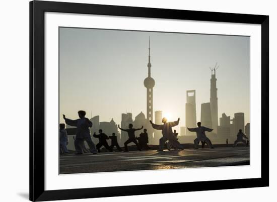 China, Shanghai, Martial Arts Group Practicing Tai Chi at Dawn-Paul Souders-Framed Photographic Print