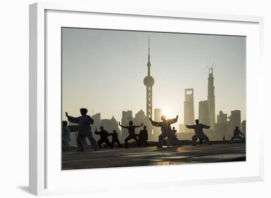 China, Shanghai, Martial Arts Group Practicing Tai Chi at Dawn-Paul Souders-Framed Photographic Print