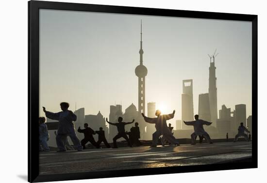 China, Shanghai, Martial Arts Group Practicing Tai Chi at Dawn-Paul Souders-Framed Premium Photographic Print