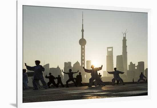 China, Shanghai, Martial Arts Group Practicing Tai Chi at Dawn-Paul Souders-Framed Photographic Print