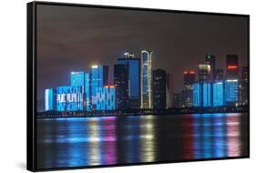 China, Zhejiang, Hangzhou. City skyline at twilight.-Rob Tilley-Framed Stretched Canvas