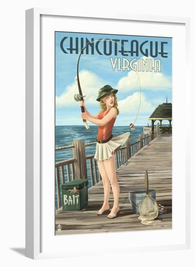 Chincoteague, Virginia - Pinup Girl Fishing-Lantern Press-Framed Art Print