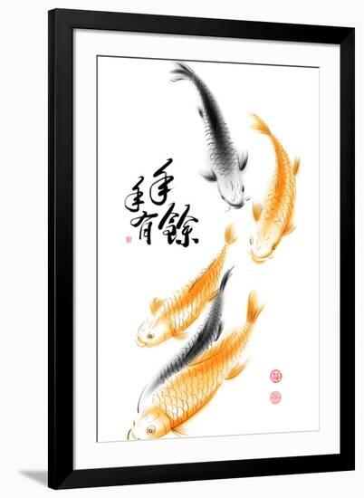 Chinese Carp Ink Painting. Translation: Abundant Harvest Year After Year-yienkeat-Framed Art Print