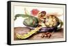 Chinese Dish with Artichokes, A Rose and Strawberries-Giovanna Garzoni-Framed Stretched Canvas