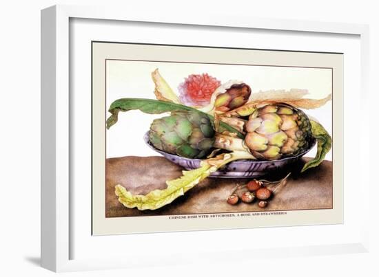 Chinese Dish with Artichokes, A Rose and Strawberries-Giovanna Garzoni-Framed Art Print