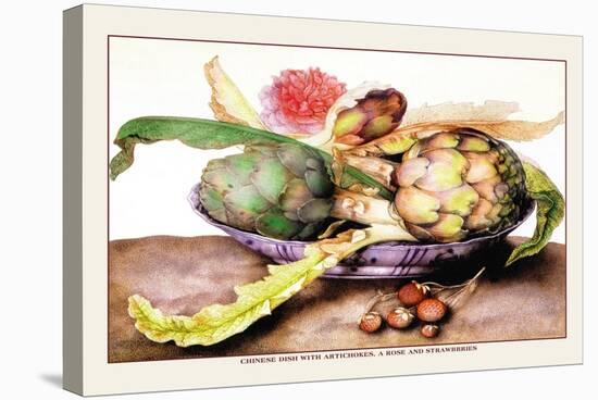 Chinese Dish with Artichokes, A Rose and Strawberries-Giovanna Garzoni-Stretched Canvas