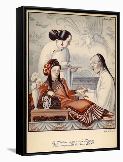 Chinese Doctor Feels the Pulse of an Aristocratic Patient with Exceedingly Long Finger Nails-Jean Droit-Framed Stretched Canvas
