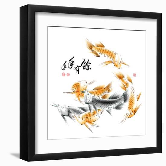 Chinese Dragon Fish Ink Painting. Translation: Abundant Harvest Year After Year-yienkeat-Framed Art Print