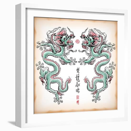 Chinese Ink Painting Of Dragon Translation: Blessing Of Double Dragons-yienkeat-Framed Art Print