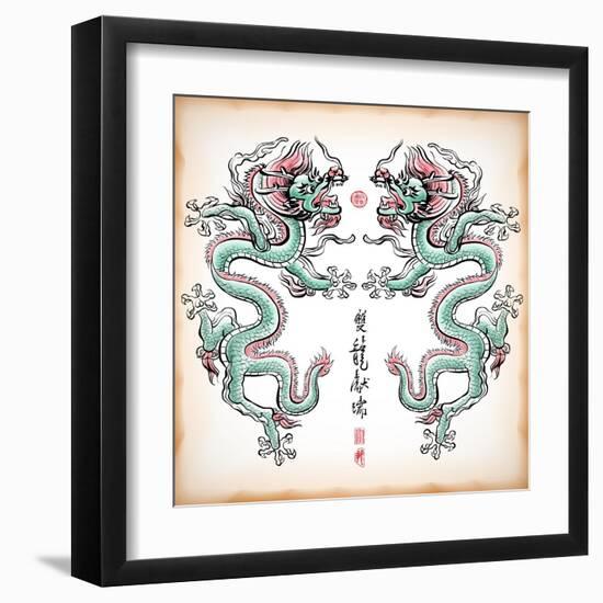 Chinese Ink Painting Of Dragon Translation: Blessing Of Double Dragons-yienkeat-Framed Art Print