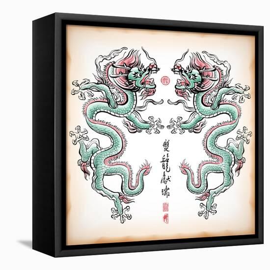 Chinese Ink Painting Of Dragon Translation: Blessing Of Double Dragons-yienkeat-Framed Stretched Canvas