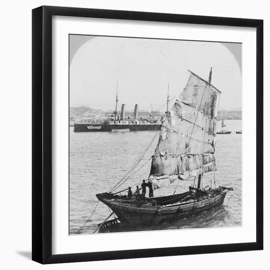 Chinese junk and British battleship in the harbour at Hong Kong, 1902-Carlton Harlow Graves-Framed Photographic Print