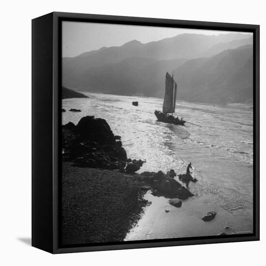 Chinese Junk Boat Sailing Past a Spear Fisherman on the Shore of the Yangtze River-Dmitri Kessel-Framed Stretched Canvas