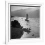 Chinese Junk Boat Sailing Past a Spear Fisherman on the Shore of the Yangtze River-Dmitri Kessel-Framed Photographic Print