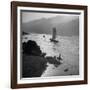 Chinese Junk Boat Sailing Past a Spear Fisherman on the Shore of the Yangtze River-Dmitri Kessel-Framed Photographic Print