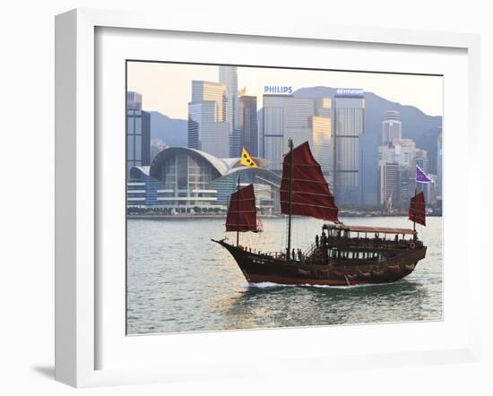 Chinese Junk Boat Sails on Victoria Harbour, Hong Kong, China, Asia-Amanda Hall-Framed Photographic Print