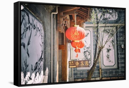 Chinese Lanterns and Wall Paintings in an Alley of Lijiang's Old Town, Lijiang, Yunnan, China, Asia-Andreas Brandl-Framed Stretched Canvas
