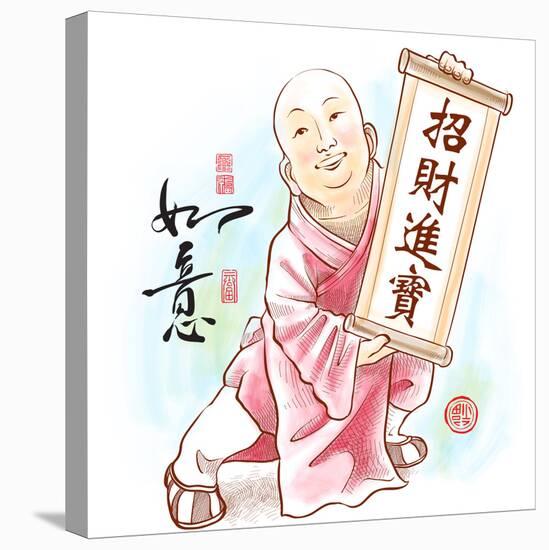 Chinese Little Monk Presenting Scroll with Chinese New Year Wishes-yienkeat-Stretched Canvas