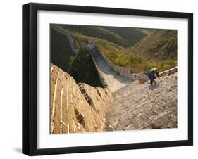 Chinese Man Climbs Great Wall of China, UNESCO World Heritage Site, Huanghuacheng (Yellow Flower) a-Kimberly Walker-Framed Photographic Print