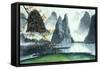 Chinese Mountains, Fog, Autumn and Lake-null-Framed Stretched Canvas