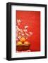 Chinese New Year Decoration--A Basket of Oranges with Plum Flower on a Festive Background.-Liang Zhang-Framed Photographic Print