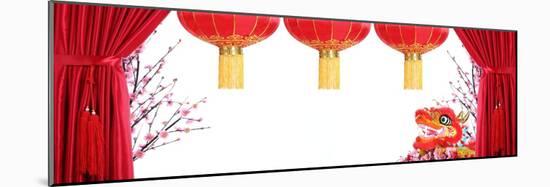 Chinese New Year Decoration--Red Satin Curtain,Plum Blossom,Dancing Dragon and Red Lantern with Cop-Liang Zhang-Mounted Photographic Print