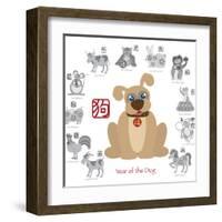 Chinese New Year Dog Color with Twelve Zodiacs Illustration-jpldesigns-Framed Art Print