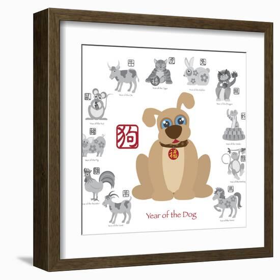 Chinese New Year Dog Color with Twelve Zodiacs Illustration-jpldesigns-Framed Art Print