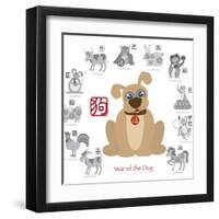 Chinese New Year Dog Color with Twelve Zodiacs Illustration-jpldesigns-Framed Art Print