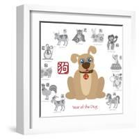 Chinese New Year Dog Color with Twelve Zodiacs Illustration-jpldesigns-Framed Art Print