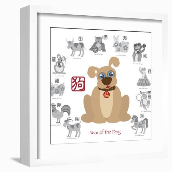 Chinese New Year Dog Color with Twelve Zodiacs Illustration-jpldesigns-Framed Art Print