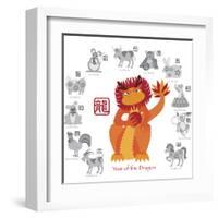 Chinese New Year Dragon Color with Twelve Zodiacs Illustration-jpldesigns-Framed Art Print