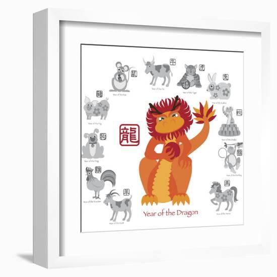 Chinese New Year Dragon Color with Twelve Zodiacs Illustration-jpldesigns-Framed Art Print