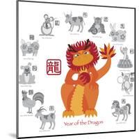 Chinese New Year Dragon Color with Twelve Zodiacs Illustration-jpldesigns-Mounted Art Print