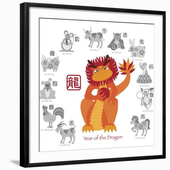 Chinese New Year Dragon Color with Twelve Zodiacs Illustration-jpldesigns-Framed Art Print